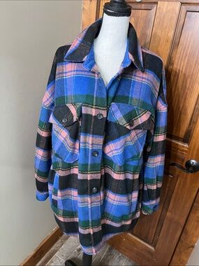 SO Plaid Utility Shacket Jacket in Blue, Pink & Black